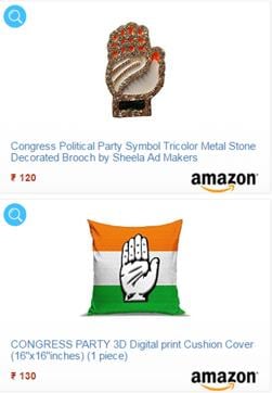 Merchandise bearing Congress Party symbols sold by Amazon. (PriceZilla.in/Screengrab)