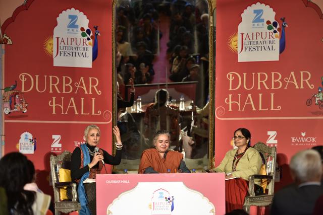 (L to R) Vayu Naidu, Arshia Sattar and Volga speak during the session, Uttara Kanda: Searching Sita, at the Jaipur Literature Festival on Friday. (Saumya Khandelwal/HT Photo)