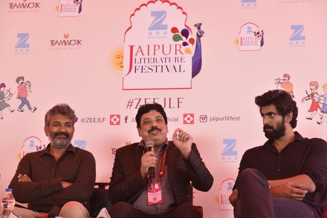 Rajmouli (left), Anand Neelankantan and Rana Daggubati during the press conference at the Jaipur Literature Fest 2017 in Jaipur. (Saumya Khandelwal/HT Photo) Rajmouli (left), Anand Neelankantan and Rana Daggubati during the press conference at the Jaipur Literature Fest 2017 in Jaipur. (Saumya Khandelwal/HT Photo)