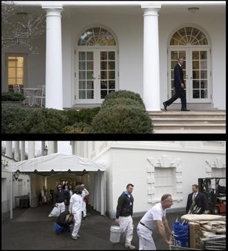 In a two-photo combo: President Barack Obama exits the Oval Office on his last morning as president before heading to the residence to host a tea and coffee reception with first lady Michelle Obama for President-elect Donald Trump and Melania Trump, top, as work crews immediately head to the West Wing to prepare for the next occupants, bottom, at the White House, in Washington. (NYT Photo) In a two-photo combo: President Barack Obama exits the Oval Office on his last morning as president before heading to the residence to host a tea and coffee reception with first lady Michelle Obama for President-elect Donald Trump and Melania Trump, top, as work crews immediately head to the West Wing to prepare for the next occupants, bottom, at the White House, in Washington. (NYT Photo)