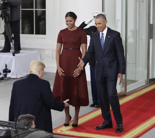 President Barack Obama and first lady Michelle Obama greet President-elect Donald Trump at the White House in Washington. (AP) President Barack Obama and first lady Michelle Obama greet President-elect Donald Trump at the White House in Washington. (AP)