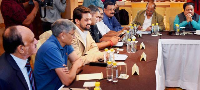 Ousted BCCI president Anurag Thakur (third from left) and sacked Board secretary Ajay Shirke (second from left) at a BCCI meeting. (PTI) Ousted BCCI president Anurag Thakur (third from left) and sacked Board secretary Ajay Shirke (second from left) at a BCCI meeting. (PTI)