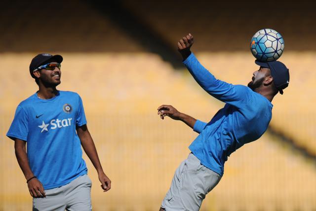 Lokesh Rahul (right) and Bhuvneshwar Kumar play football during a training session of the Indian cricket team (AFP) Lokesh Rahul (right) and Bhuvneshwar Kumar play football during a training session of the Indian cricket team (AFP)