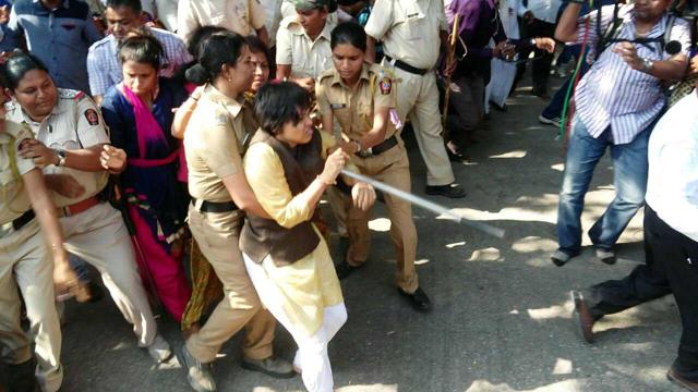 Trupti Desai leads a group of women in a protest at the Shani temple in Maharashtra, after they were prevented from entering the temple in April last year. Women have subsequently been allowed entry into the temple. (Dhanesh Katariya/HT PHOTO) Trupti Desai leads a group of women in a protest at the Shani temple in Maharashtra, after they were prevented from entering the temple in April last year. Women have subsequently been allowed entry into the temple. (Dhanesh Katariya/HT PHOTO)