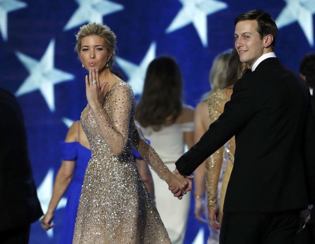 Ivanka Trump blows a kiss as she departs with her husband Jared Kushner from the Inauguration Freedom Ball in Washington. (Reuters)