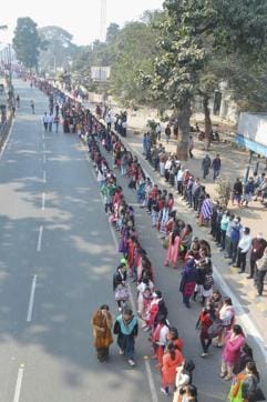 People make a state level human chain to support liquor prohibition called by CM Nitish Kumar in Patna on Saturday. (PTI Photo) People make a state level human chain to support liquor prohibition called by CM Nitish Kumar in Patna on Saturday. (PTI Photo)