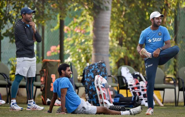 Umesh Yadav, Bhuvneshwar Kumar and Cheteshwar Pujara during a practice session (PTI) Umesh Yadav, Bhuvneshwar Kumar and Cheteshwar Pujara during a practice session (PTI)