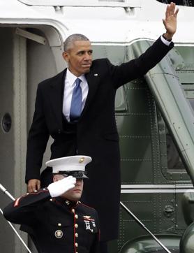 Former President Barack Obama waves as he boards a Marine helicopter on the East Front of the Capitol, Friday, in Washington, after Donald Trump was inaugurated. (AP Photo) Former President Barack Obama waves as he boards a Marine helicopter on the East Front of the Capitol, Friday, in Washington, after Donald Trump was inaugurated. (AP Photo)