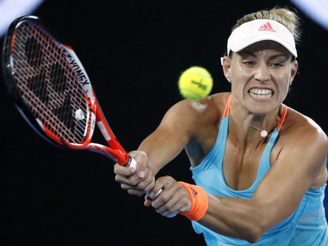 Germany's Angelique Kerber hits a backhand to United States' Coco Vandeweghe during their fourth round match at the Australian Open. (AP) Germany's Angelique Kerber hits a backhand to United States' Coco Vandeweghe during their fourth round match at the Australian Open. (AP)