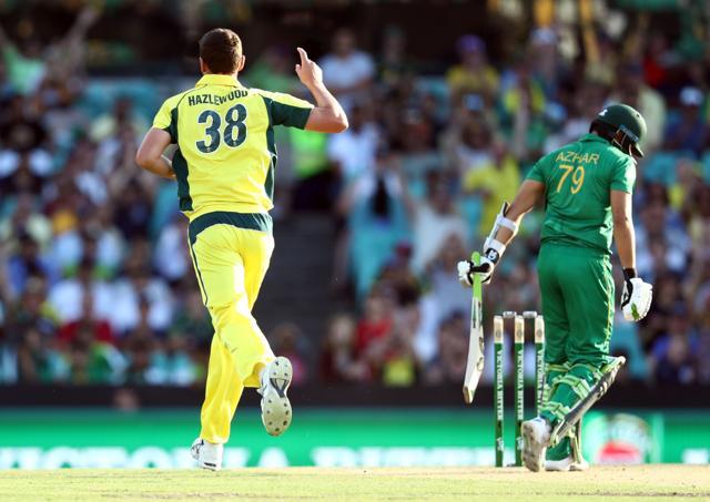 Australia's Josh Hazlewood (L) celebrates the dismissal of Pakistan's Azhar Ali (R) during the fourth one-day international (ODI) cricket match. (AFP) Australia's Josh Hazlewood (L) celebrates the dismissal of Pakistan's Azhar Ali (R) during the fourth one-day international (ODI) cricket match. (AFP)