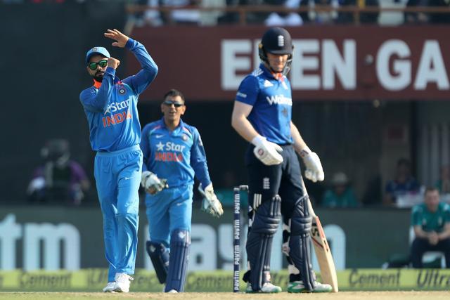 Virat Kohli lost a review as he tried for an LBW and caught behind appeal against Eoin Morgan. (BCCI)