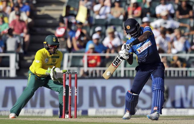 Sri Lanka's captain Angelo Mathews, right, plays a shot as South Africa's wicketkeeper Mangaliso Mosehle, watches during the second T20 encounter. (AP) Sri Lanka's captain Angelo Mathews, right, plays a shot as South Africa's wicketkeeper Mangaliso Mosehle, watches during the second T20 encounter. (AP)