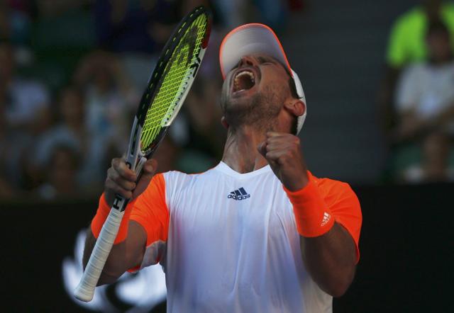 Germany's Mischa Zverev celebrates after beating Andy Murray at the Australian Open on Sunday. (REUTERS) Germany's Mischa Zverev celebrates after beating Andy Murray at the Australian Open on Sunday. (REUTERS)