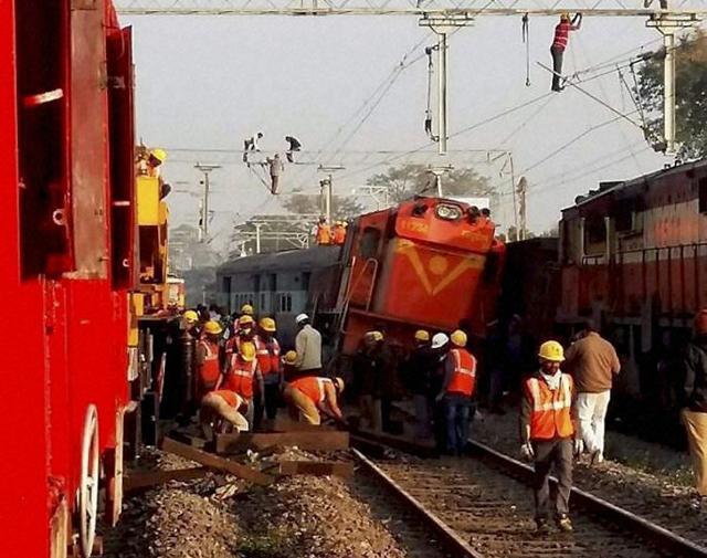 Rapid action force team performs rescue operations after Hirakhand Express had an accident near Kuneru station in Vizianagaram. (PTI)