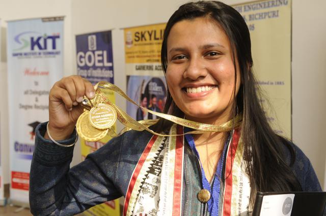 Ayushi Agarwal shows first Chancellor Gold Medal she won. (Deepak Gupta/ HT Photo) Ayushi Agarwal shows first Chancellor Gold Medal she won. (Deepak Gupta/ HT Photo)
