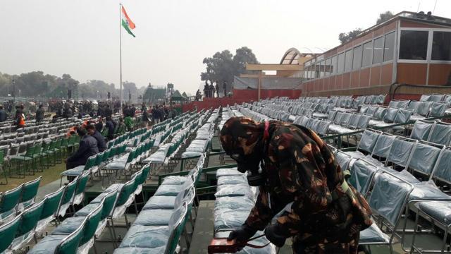 An NDRF personnel inspecting the area around the VIP enclosure on Rajpath ahead of the Republic Day celebrations. (Handout)