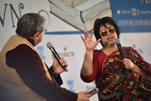 (L to R) Journalist Salil Tripathi in conversation with controversial Bangladeshi author Taslima Nasrin at the Jaipur Literature Festival 2017 on Monday. (Saumya Khandelwal/HT Photo) (L to R) Journalist Salil Tripathi in conversation with controversial Bangladeshi author Taslima Nasrin at the Jaipur Literature Festival 2017 on Monday. (Saumya Khandelwal/HT Photo)