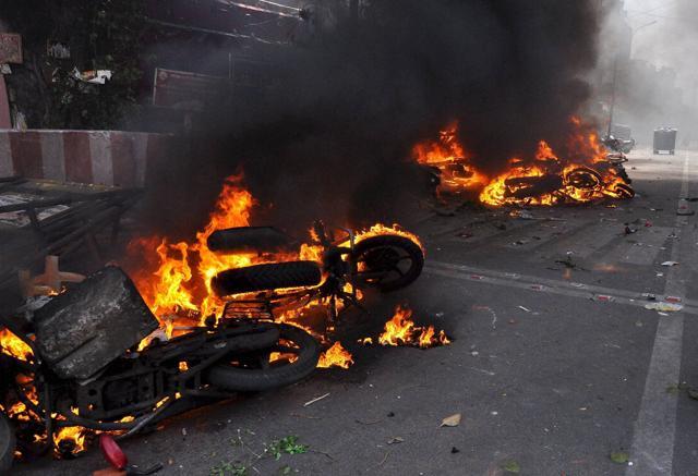 Two wheelers suspected to be set on fire by protestors go up in flames in Chennai on January 23, 2017. (PTI) Two wheelers suspected to be set on fire by protestors go up in flames in Chennai on January 23, 2017. (PTI)
