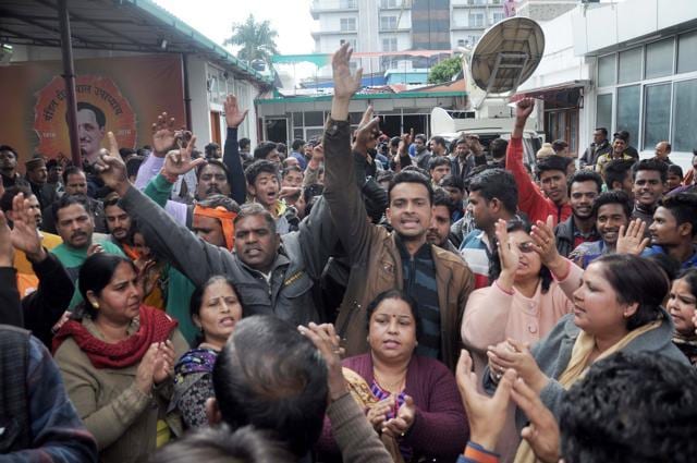 Protest against BJP candidate Vinod Chamoli from Dharampur constituency at the party office in Dehradun on Tuesday. (Vinay Santosh Kumar/HT photo) Protest against BJP candidate Vinod Chamoli from Dharampur constituency at the party office in Dehradun on Tuesday. (Vinay Santosh Kumar/HT photo)