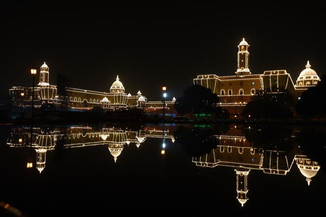 A view of the illuminated North Block (right) which primarily houses finance ministry and ministry of home affairs. (Virendra Singh Gosain/HT PHOTO) A view of the illuminated North Block (right) which primarily houses finance ministry and ministry of home affairs. (Virendra Singh Gosain/HT PHOTO)