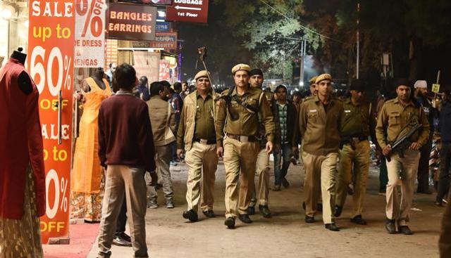 Police personnel patrol the market with specialised security cameras on the eve of Republic Day. (Sanjeev Verma/HT PHOTO) Police personnel patrol the market with specialised security cameras on the eve of Republic Day. (Sanjeev Verma/HT PHOTO)
