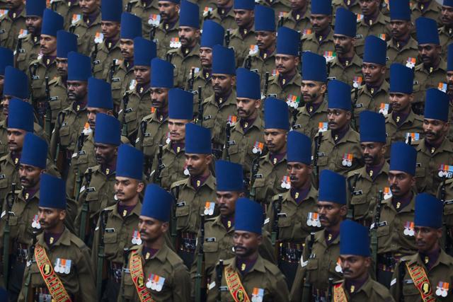 The Army's Madras Engineering Group march during Republic Day parade in New Delhi. (AP) The Army's Madras Engineering Group march during Republic Day parade in New Delhi. (AP)