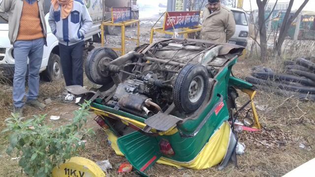 The auto was completely destroyed, and all its occupants were killed in the mishap. (Sakiib Ali/HT Photo) The auto was completely destroyed, and all its occupants were killed in the mishap. (Sakiib Ali/HT Photo)