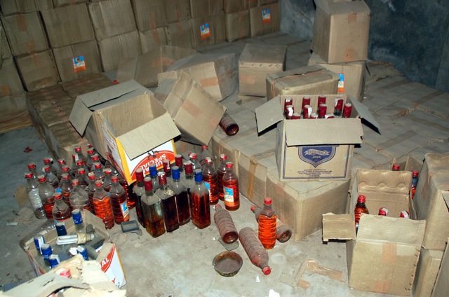 Illicit liquor recovered from a godown at Focal Point in Bathinda by election commission on Saturday. (Sanjeev Kumar/HT Photo)