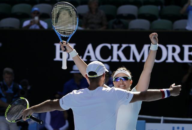 Abigail Speers of the US and Juan Sebastian Cabal of Colombia celebrate after defeating India's Sania Mirza and Ivan Dodig in the mixed doubles' final. (AP) Abigail Speers of the US and Juan Sebastian Cabal of Colombia celebrate after defeating India's Sania Mirza and Ivan Dodig in the mixed doubles' final. (AP)