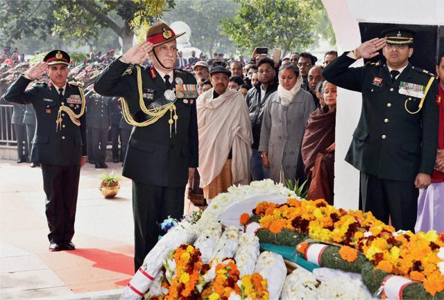 Army Chief General Bipin Rawat paying homage to Major Amit Sagar at a wreath laying ceremony in New Delhi on Sunday. (PTI Photo) Army Chief General Bipin Rawat paying homage to Major Amit Sagar at a wreath laying ceremony in New Delhi on Sunday. (PTI Photo)