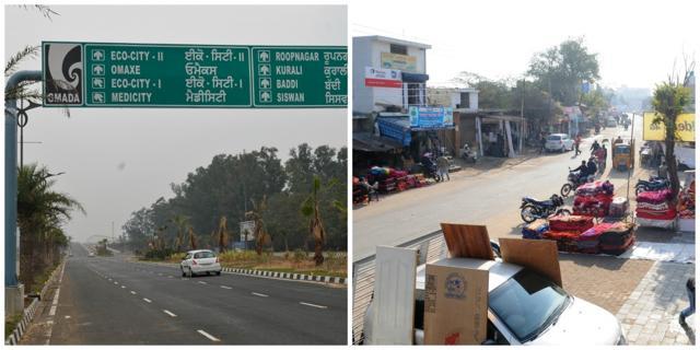 A highway juxtaposes with narrow road that passes through Mullanpur. (Karun Sharma/HT Photo ) A highway juxtaposes with narrow road that passes through Mullanpur. (Karun Sharma/HT Photo )