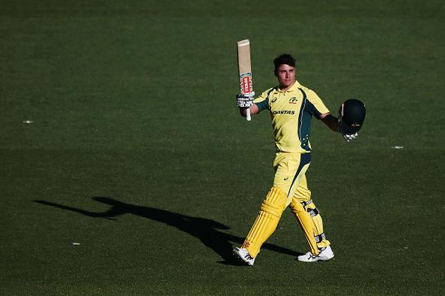 Marcus Stoinis of Australia celebrates scoring a century during the first One Day International game against New Zealand. (Getty Images) Marcus Stoinis of Australia celebrates scoring a century during the first One Day International game against New Zealand. (Getty Images)