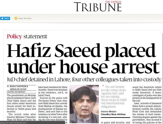 Image grab of the front page report in The Express Tribune on Hafiz Saeed’s detention. (Courtesy the Express Tribune)