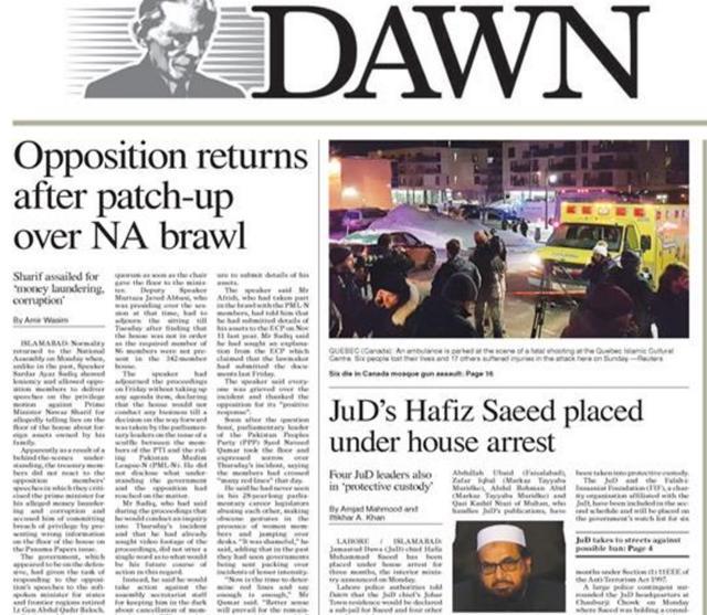Image grab of the front page report in the Dawn on Hafiz Saeed’s detention. (Courtesy Dawn)