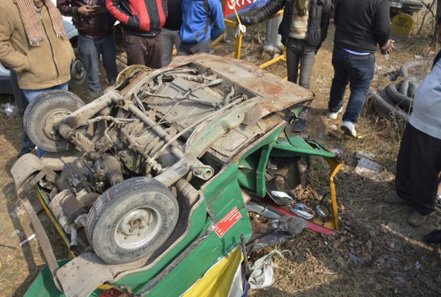 The ill-fated auto that was hit by an Audi Q7 in Ghaziabad. (Sakib Ali /HT Photo)