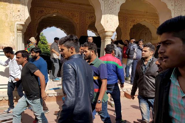 Karni Sena activists protest against the shooting of Sanjay Leela Bhansali's upconimg film Padmawati alleging depiction of 'wrong facts' in it at Jaigarh fort in Jaipur on Friday. (PTI) Karni Sena activists protest against the shooting of Sanjay Leela Bhansali's upconimg film Padmawati alleging depiction of 'wrong facts' in it at Jaigarh fort in Jaipur on Friday. (PTI)