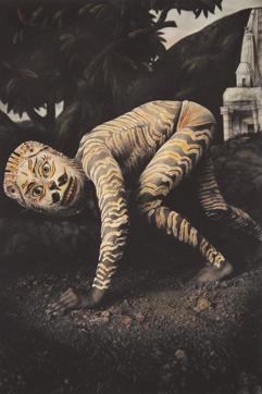A hand-coloured black and white print, Night Prowl, by Rajesh Soni on display at the Tasveer Arts booth at the fair.