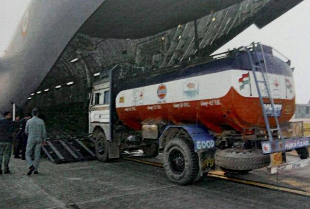 A tanker is loaded in an IAF aircraft C-17 Globemaster in New Delhi for Manipur. As many as 35 tonnes of petroleum products have been airlifted to Manipur to tide over the crisis arising out of the blockade. (PTI File) A tanker is loaded in an IAF aircraft C-17 Globemaster in New Delhi for Manipur. As many as 35 tonnes of petroleum products have been airlifted to Manipur to tide over the crisis arising out of the blockade. (PTI File)