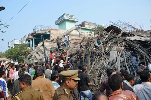 Police carry out rescue work at the site of the under-construction building which collapsed in Kanpur on Wednesday. (PTI) Police carry out rescue work at the site of the under-construction building which collapsed in Kanpur on Wednesday. (PTI)