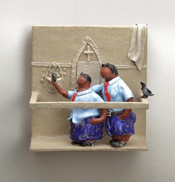Room no.10, a sculpture of two kids at a chawl clicking selfies (Photo courtesy: Bharati Pitre)