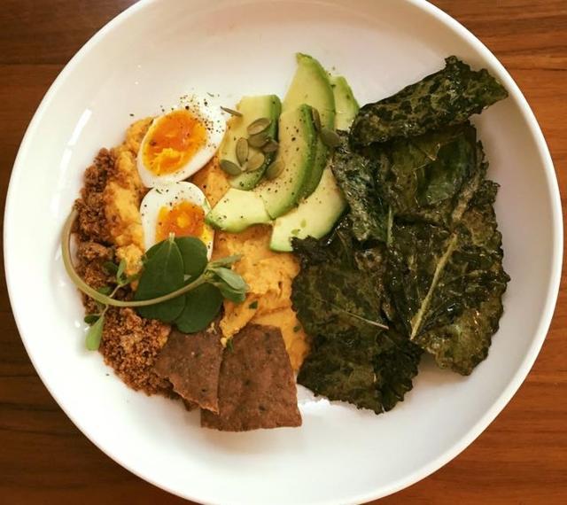 Organic charred red pepper hummus, kale chips, avocado and soft boiled egg topped with almond croutons, buckwheat crackers and purslane leaves at Sequel (Photo courtesy: Sequel) Organic charred red pepper hummus, kale chips, avocado and soft boiled egg topped with almond croutons, buckwheat crackers and purslane leaves at Sequel (Photo courtesy: Sequel)