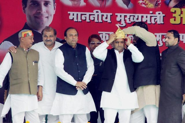 Akhilesh Yadav, being presented a crown at an election rally in Muzaffarnagar on Thursday, said that by voting against the BJP, the people of Uttar Pradesh will give a befitting reply to the Prime Minister’s decision of demonetisation. (PTI)