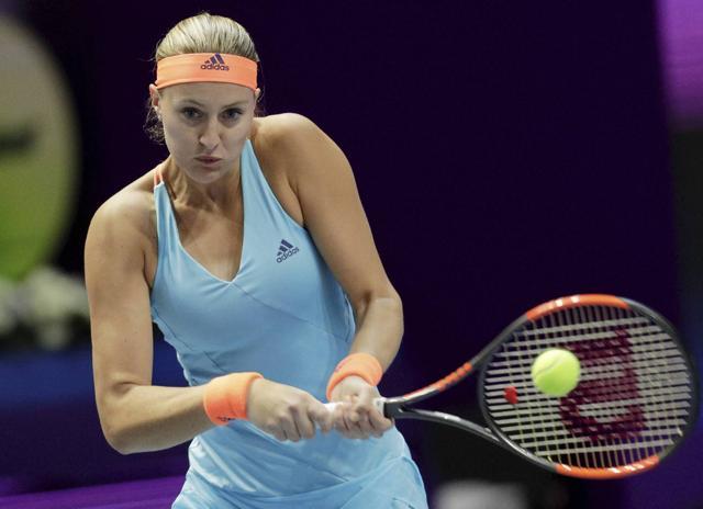Kristina Mladenovic of France returns the ball to Venus Williams of U.S. during the St. Petersburg Ladies Trophy-2017 tennis tournament. (AP)