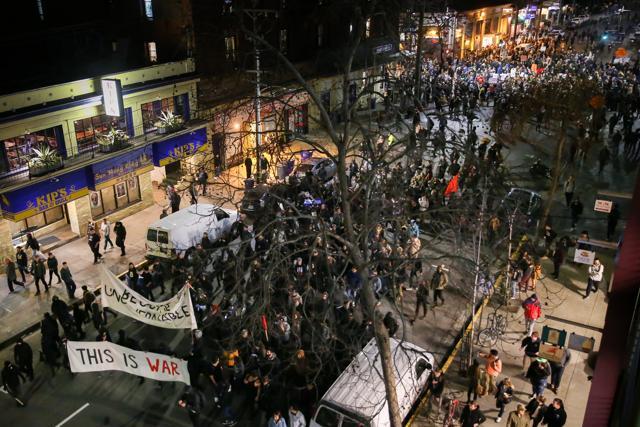 People protesting controversial Breitbart writer Milo Yiannopoulos march on a street. (AFP Photo) People protesting controversial Breitbart writer Milo Yiannopoulos march on a street. (AFP Photo)