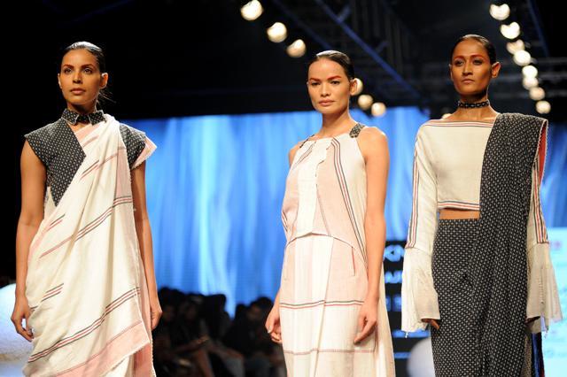 Anjali Lama (centre) showcases a creation by designer Gen Next at Lakmé Fashion Week on February 1, 2017. (AFP)