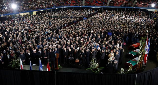 Funeral ceremony for three of the victims of the Quebec mosque attack, in Montreal, Quebec on Thursday. (AFP photo) Funeral ceremony for three of the victims of the Quebec mosque attack, in Montreal, Quebec on Thursday. (AFP photo)