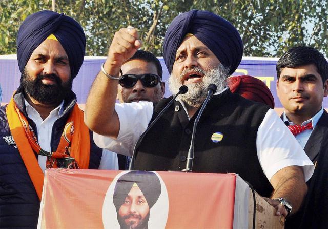 Shiromani Akali Dal president Sukhbir Singh Badal addressing an election rally at Grain Market Budhlada on Tuesday. (PTI) Shiromani Akali Dal president Sukhbir Singh Badal addressing an election rally at Grain Market Budhlada on Tuesday. (PTI)