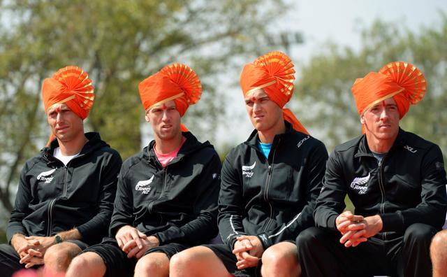 New Zealand players Jose Statham (R), Artem Sitak (L), Michael Venus (2L) and Finn Tearney (2R) take part in the opening ceremony of the Davis Cup tie between India and New Zealand in Pune on February 2. Get live coverage of India vs New Zealand Davis Cup tie here. (AFP) New Zealand players Jose Statham (R), Artem Sitak (L), Michael Venus (2L) and Finn Tearney (2R) take part in the opening ceremony of the Davis Cup tie between India and New Zealand in Pune on February 2. Get live coverage of India vs New Zealand Davis Cup tie here. (AFP)