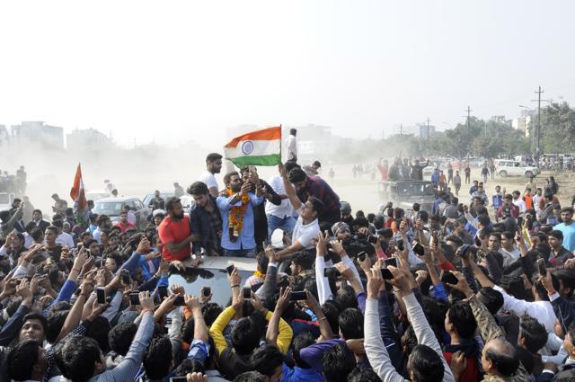 Manveer Gurjar and his supporters throng a public ground in Noida. (Sunil Ghosh/HT Photo) Manveer Gurjar and his supporters throng a public ground in Noida. (Sunil Ghosh/HT Photo)