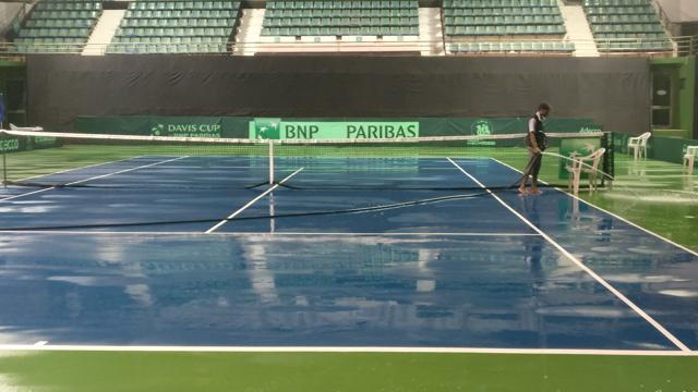 The court was washed late on Friday night in preparation for India’s Davis Cup doubles match. (HT Photo) The court was washed late on Friday night in preparation for India’s Davis Cup doubles match. (HT Photo)